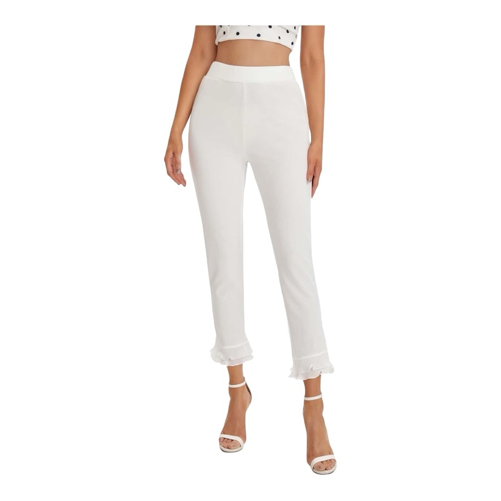 3/$25 Elegant Ruffle Hem White Stretch Cropped Women's Pants